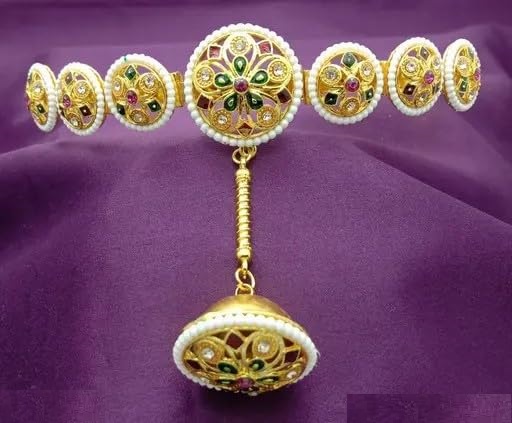 MPK PERFECT Stylish Hair Accessories | Golden Mathapati hairband with Borla | Traditional Rajasthani Borla Maang Tikka | Gold Plated Floral Shaped Kundan Studded Hairband with Mang tika