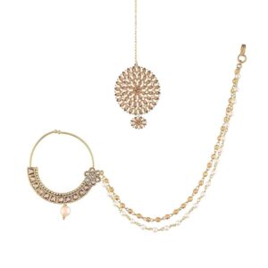 Traditional and Maang Tikka & Gold Plated Traditional Ethnic Bridal Nose Ring/Nath with Pearl Stone without piercing with Pearl Chain Encased for Women/Girls 2psc