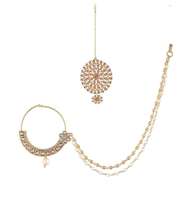 Traditional and Maang Tikka & Gold Plated Traditional Ethnic Bridal Nose Ring/Nath with Pearl Stone without piercing with Pearl Chain Encased for Women/Girls 2psc