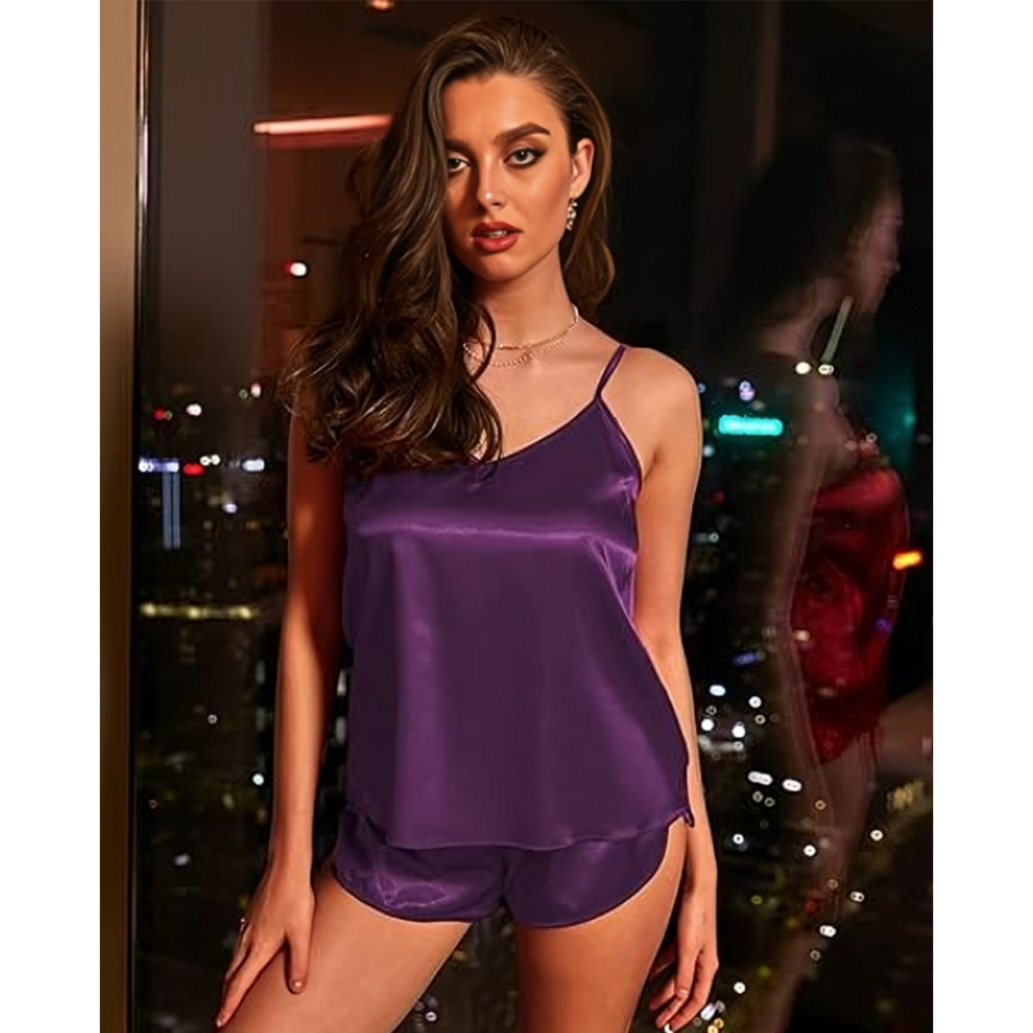 Utility World Women’s Sexy Satin Nightwear Set Soft Camisole Top and Shorts Sleepwear Comfortable Babydoll Nightgown – Deep V-Neck Sheer Lingerie Slip Dress Nightwear Chemise for Women