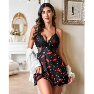 Utility world Women’s Sexy Detailing Soft Lycra Babydoll Nightgown – Deep V-Neck Sheer Lingerie Slip Dress Nightwear Chemise for Women