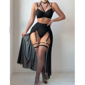 Utilityworld Women’s Sexy Lace Gothic Black Two-Piece Lingerie Set with Strappy Harness Design, Fishnet Stockings, Babydoll Nightgown – Deep V-Neck Sheer Lingerie Slip Dress Nightwear Chemise for Women |