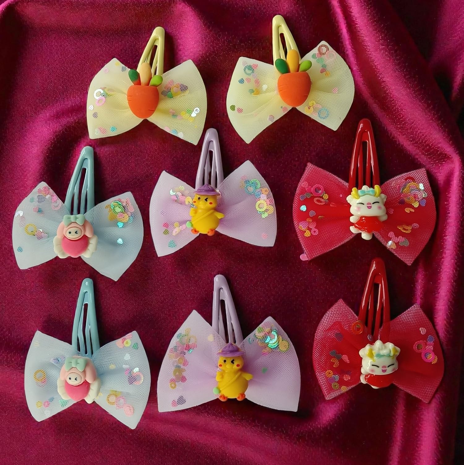 MPK Perfect Kids Cartoon Bow Hair Clips Set – Cute Sequin Snap Hairpins for Girls, Colorful Fancy Accessories (6 PCS)