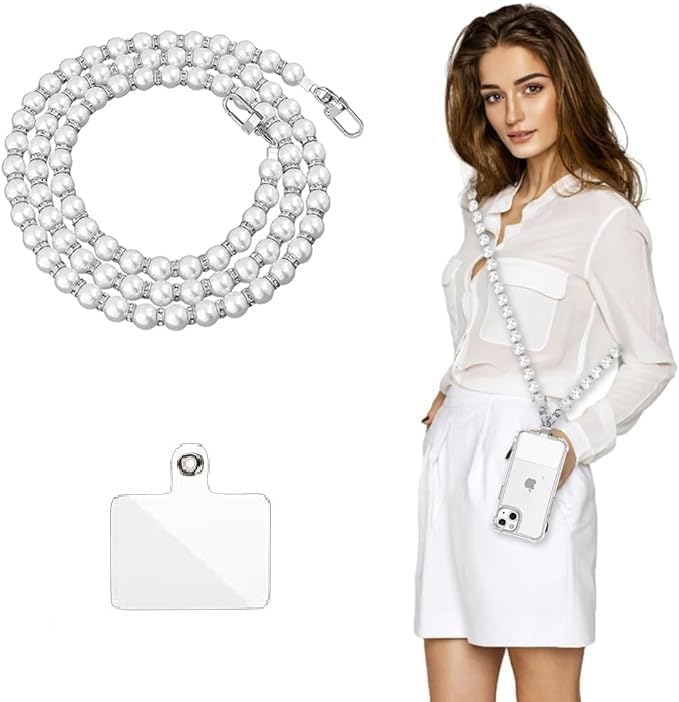 MPK PERFECT Fashion Pearl Phone Lanyard Strap, Crossbody Shoulder Chain with Tether Patch, Plastic, Universal Size, Metal Eyelet, for Smartphones and Bags