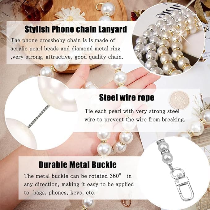 MPK PERFECT Fashion Pearl Phone Lanyard Strap, Crossbody Shoulder Chain with Tether Patch, Plastic, Universal Size, Metal Eyelet, for Smartphones and Bags