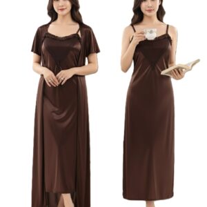 MPK Perfect Women's Satin Nighty with Robe Set | 2 Piece Soft Silk Feel Sleeveless Nightgown & Matching Short Sleeve Robe | Full Length Lace Trim Sleepwear | Comfortable Bridal Honeymoon Nightwear for Women