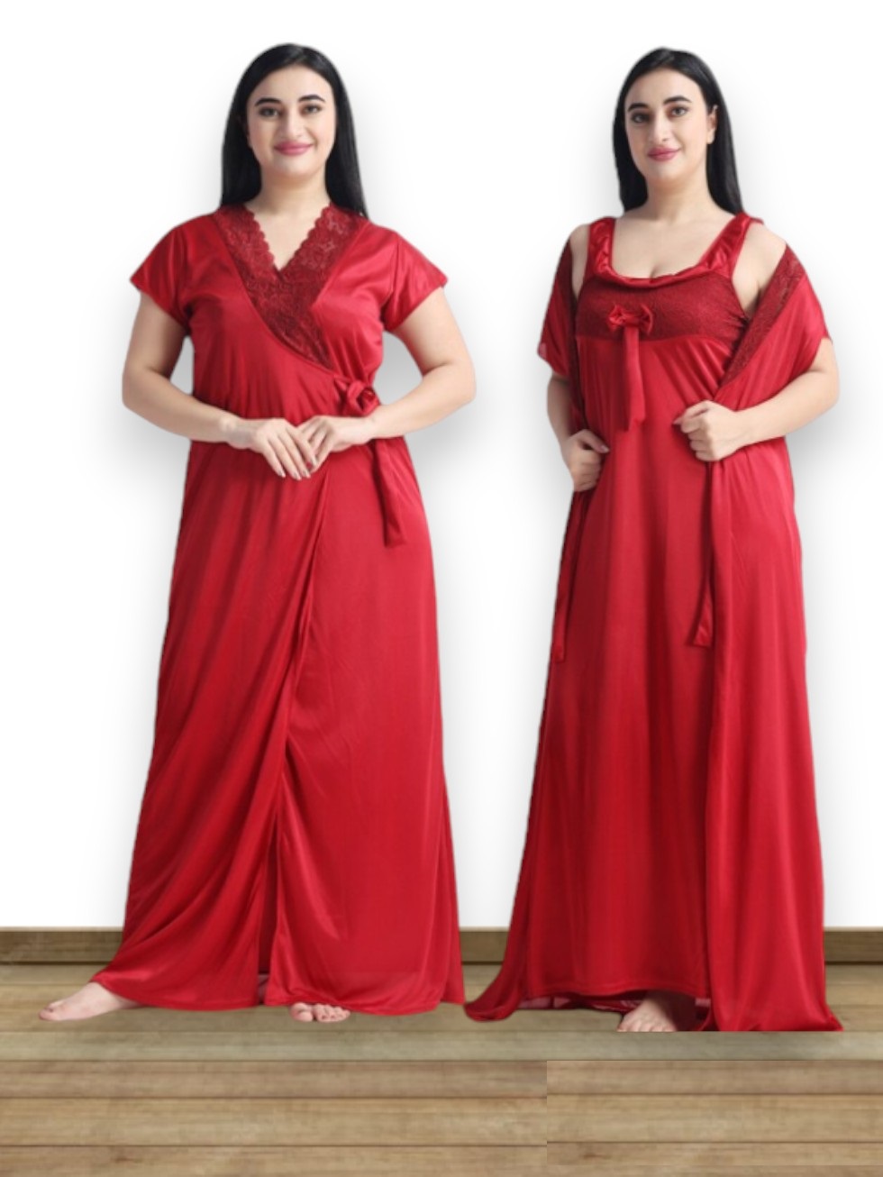 MPK Perfect Women's Satin Lace 2 Piece Nighty Robe Set | Soft Silky Sleeveless U-Neck Maxi Night Gown with Matching Robe | Full Length Comfortable Sleepwear, Bridal Nightwear, Loungewear for Women