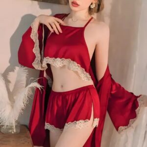 MPK Perfect  Women's Satin Lace Lingerie Set with Robe | 3 Piece Soft Silk Feel Sleepwear Set | Sleeveless Crop Camisole Top, Lace Trim Shorts & Long Robe | Comfortable Nightwear for Women