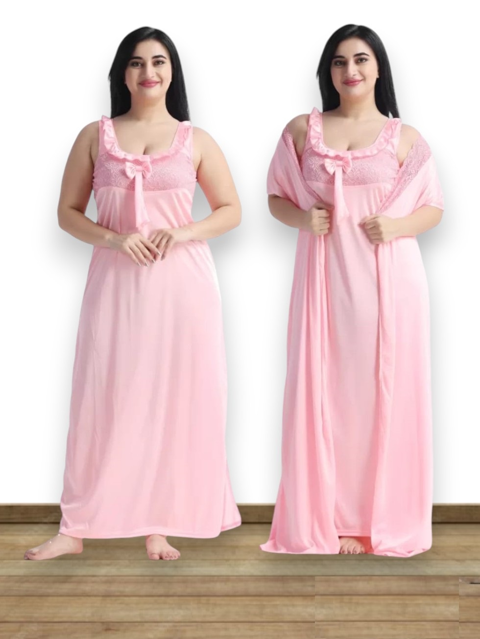 MPK Perfect Women's Satin Lace 2 Piece Nighty Robe Set | Soft Silky Sleeveless U-Neck Maxi Night Gown with Matching Robe | Full Length Comfortable Sleepwear, Bridal Nightwear, Loungewear for Women