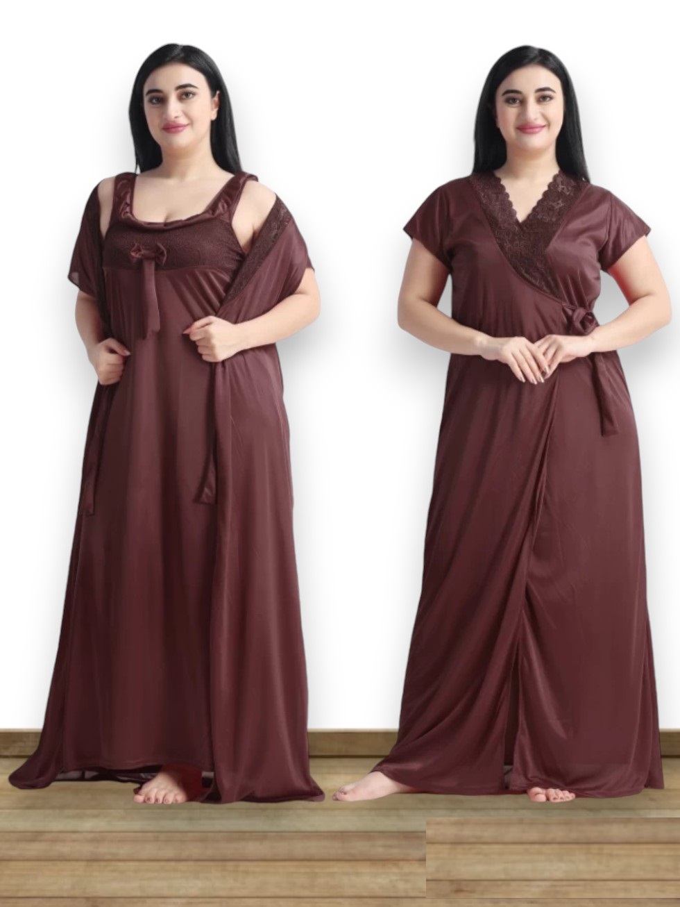 MPK Perfect Women's Satin Lace 2 Piece Nighty Robe Set | Soft Silky Sleeveless U-Neck Maxi Night Gown with Matching Robe | Full Length Comfortable Sleepwear, Bridal Nightwear, Loungewear for Women
