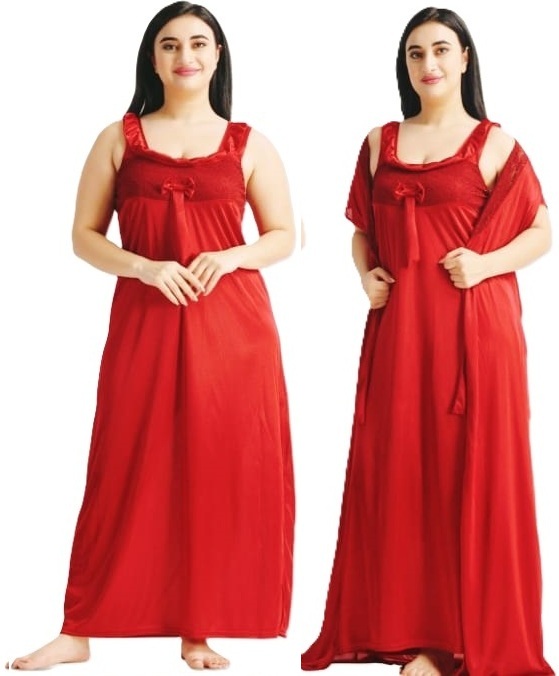 MPK Perfect Women's Satin Lace 2 Piece Nighty Robe Set | Soft Silky Sleeveless U-Neck Maxi Night Gown with Matching Robe | Full Length Comfortable Sleepwear, Bridal Nightwear, Loungewear for Women
