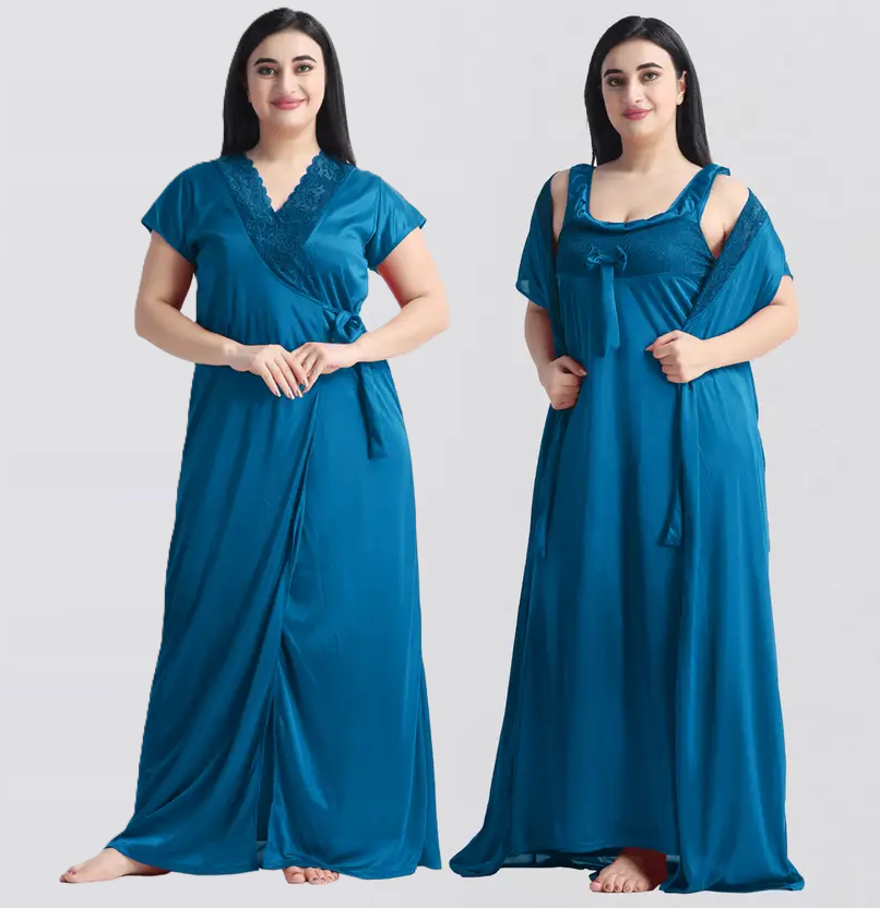 MPK Perfect Women's Satin Lace 2 Piece Nighty Robe Set | Soft Silky Sleeveless U-Neck Maxi Night Gown with Matching Robe | Full Length Comfortable Sleepwear, Bridal Nightwear, Loungewear for Women